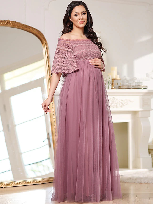 A-Line Mother of the Bride Dress Maternity Elegant Off Shoulder Floor Length Lace Tulle Sleeveless with Tier Beautiful