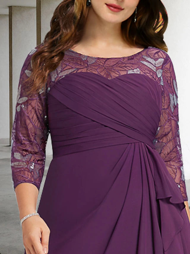Sheath / Column Plus Size Curve Mother of the Bride Dresses Elegant Dress Formal Knee Length 3/4 Length Sleeve Jewel Neck Chiffon with Pleats Ruched