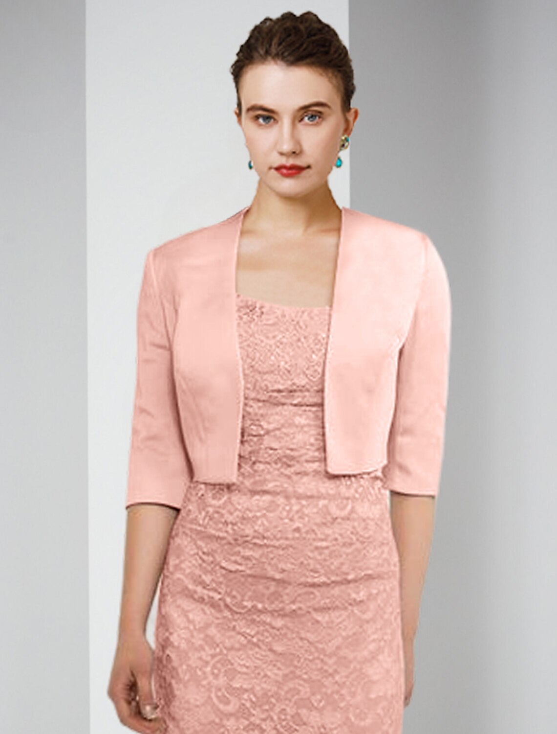 Two Piece Sheath / Column Mother of the Bride Dress Formal Wedding Guest Elegant Winter With Jacket Half Sleeve Square Neck Floor Length Satin Lace