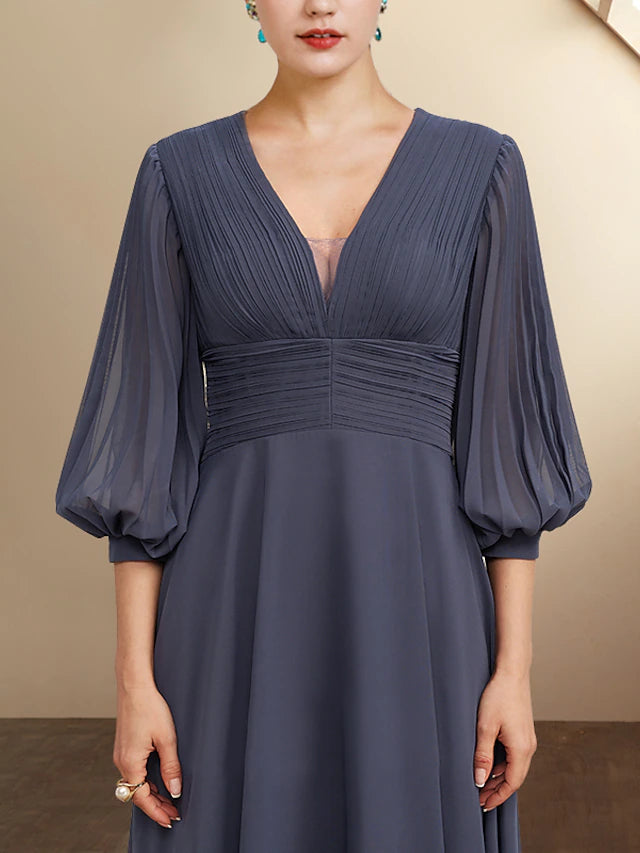 A-Line Mother of the Bride Dress Plus Size Elegant V Neck Tea Length Chiffon 3/4 Length Sleeve