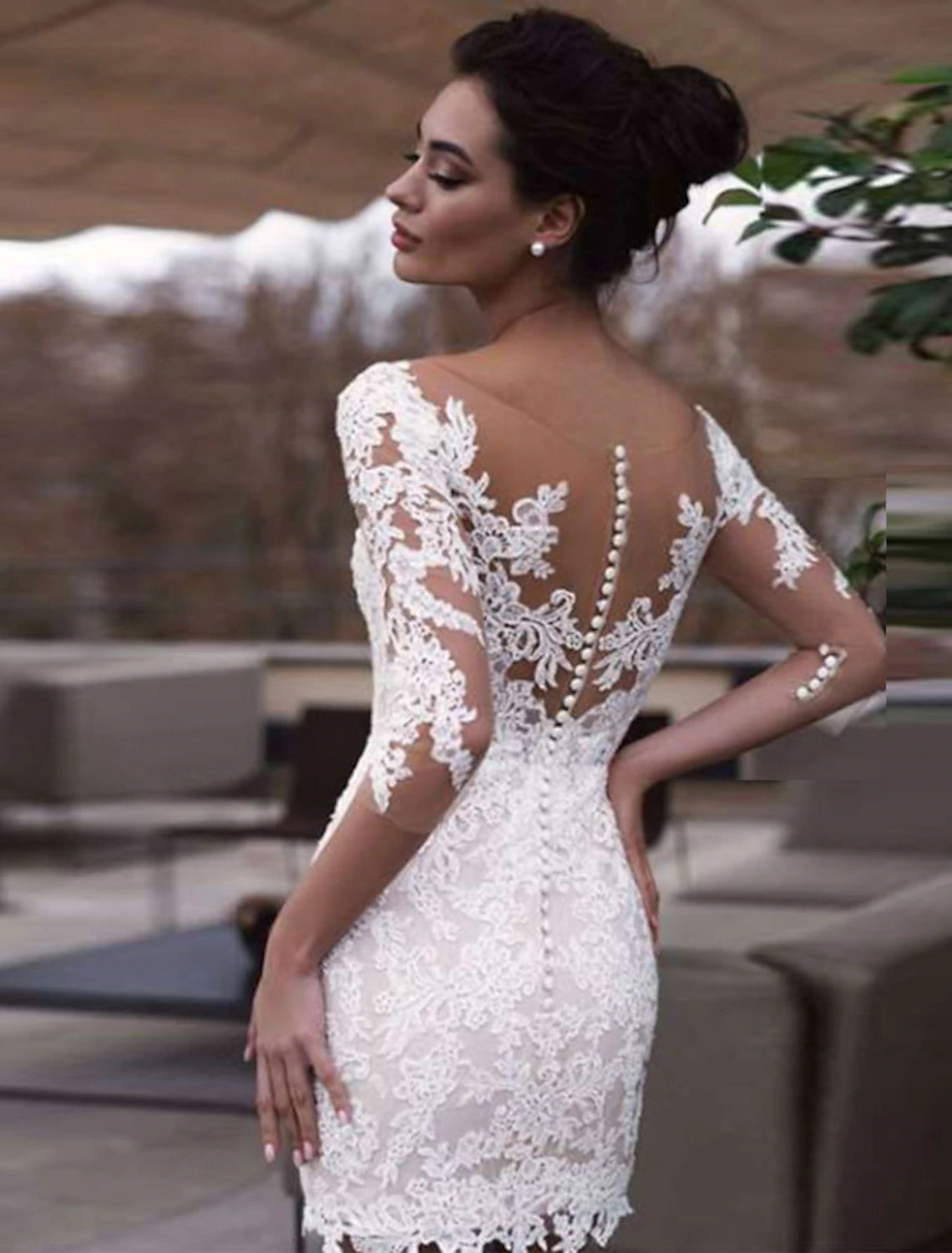 Reception Little White Dresses Wedding Dresses Sheath / Column Illusion Neck Half Sleeve Short / Mini Lace Bridal Gowns