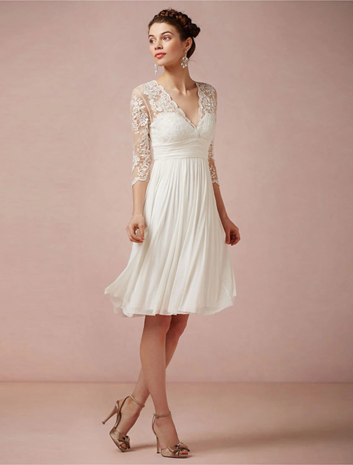 Reception Open Back Little White Dresses Wedding Dresses A-Line V Neck 3/4 Length Sleeve Knee Length Chiffon Bridal Gowns
