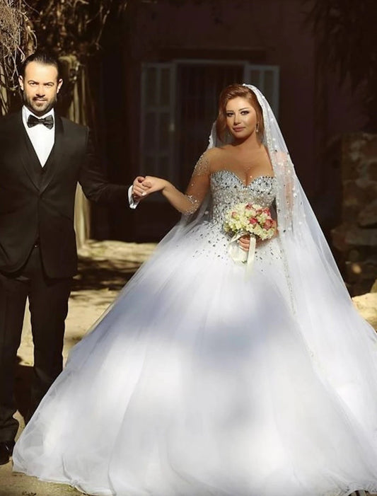 Engagement Sparkle & Shine Formal Wedding Dresses Ball Gown Sweetheart Strapless Court Train Satin Bridal Gowns With Crystals