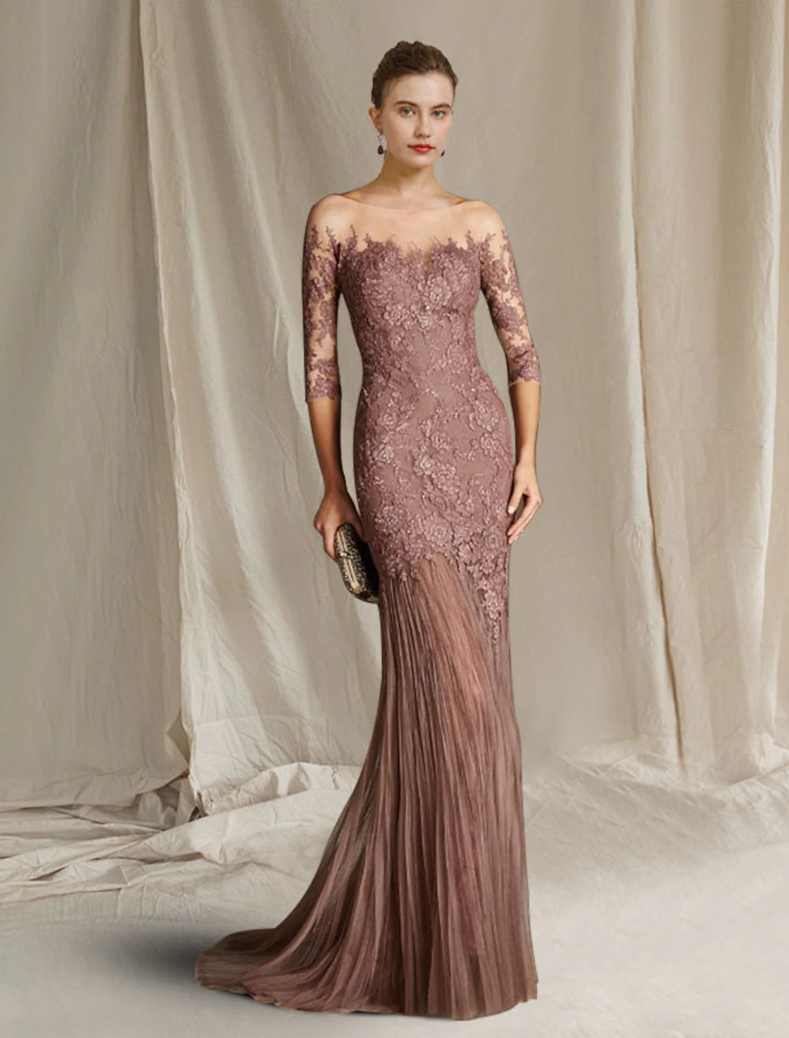 Mermaid / Trumpet Mother of the Bride Dress Fall Wedding Guest Elegant Jewel Neck Sweep / Brush Train Lace Tulle Half Sleeve