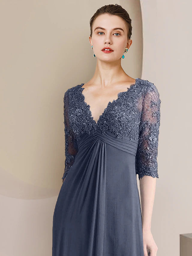 A-Line Mother of the Bride Dress Formal Elegant V Neck Court Train Chiffon Lace Half Sleeve with Ruched
