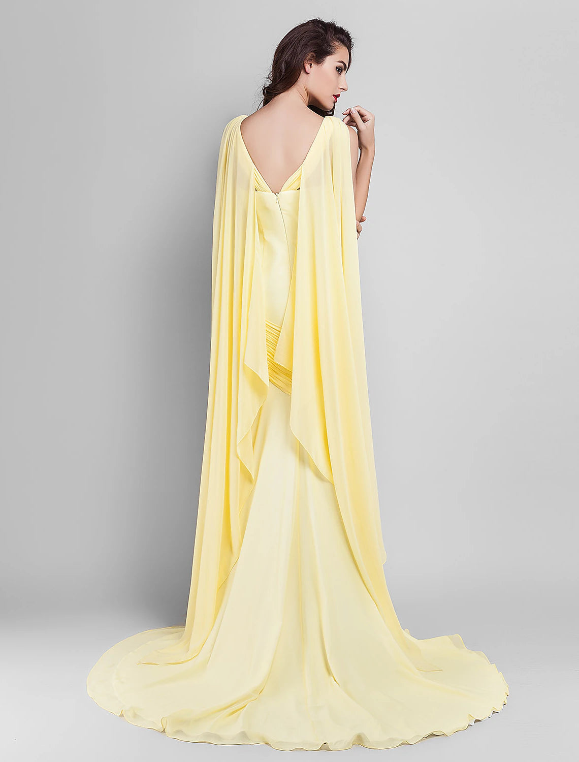 Sheath / Column Elegant Dress Wedding Guest Prom Court Train Sleeveless Plunging Neck Georgette V Back with Criss Cross Side