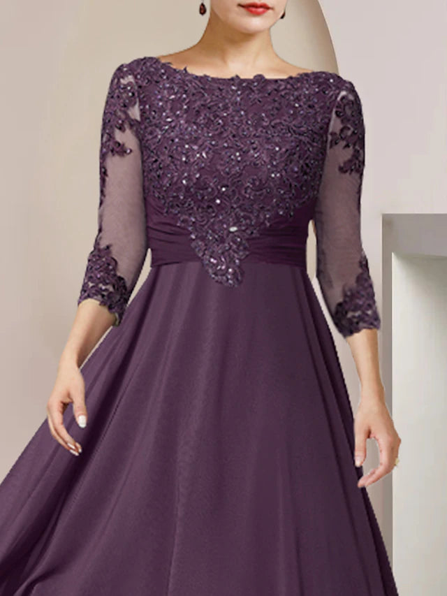 A-Line Mother of the Bride Dress Formal Wedding Guest Elegant High Low Scoop Neck Asymmetrical Tea Length Chiffon Lace 3/4 Length Sleeve with Sequin Tier