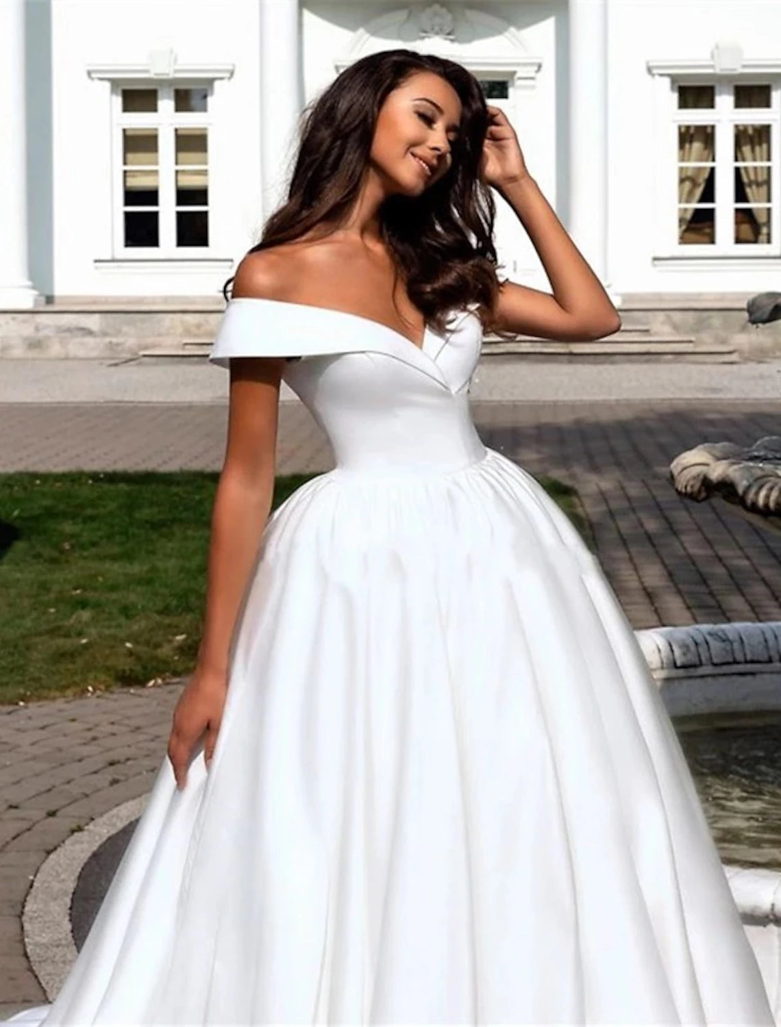 Formal Wedding Dresses Ball Gown Off Shoulder Cap Sleeve Chapel Train Satin Bridal Gowns