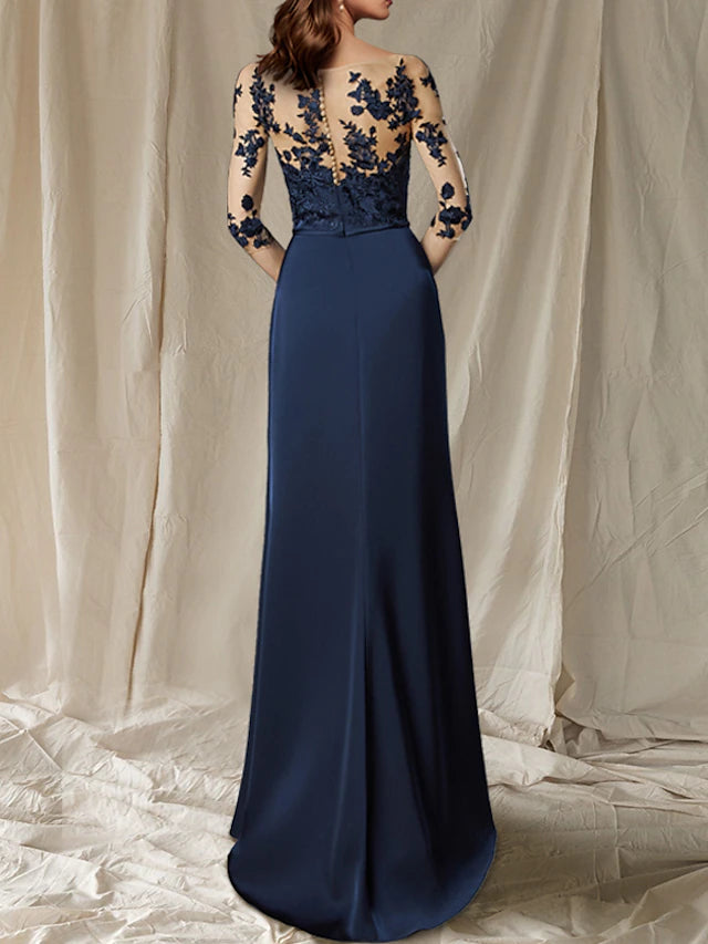Sheath / Column Mother of the Bride Dress Plus Size Elegant Jewel Neck Sweep / Brush Train Chiffon Half Sleeve