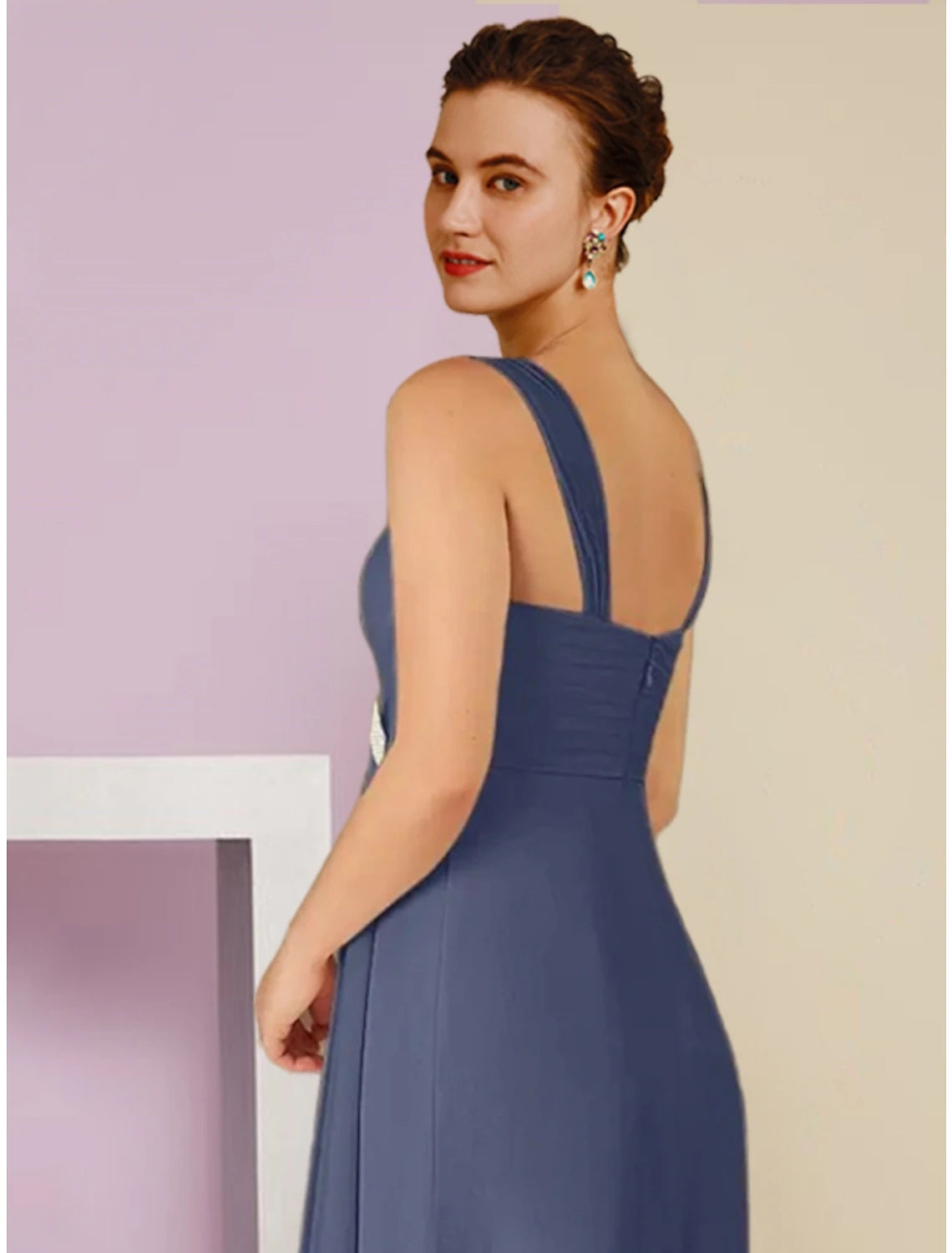 A-Line Mother of the Bride Dress Wedding Guest Elegant Square Neck Ankle Length Chiffon Long Sleeve with Crystal Brooch