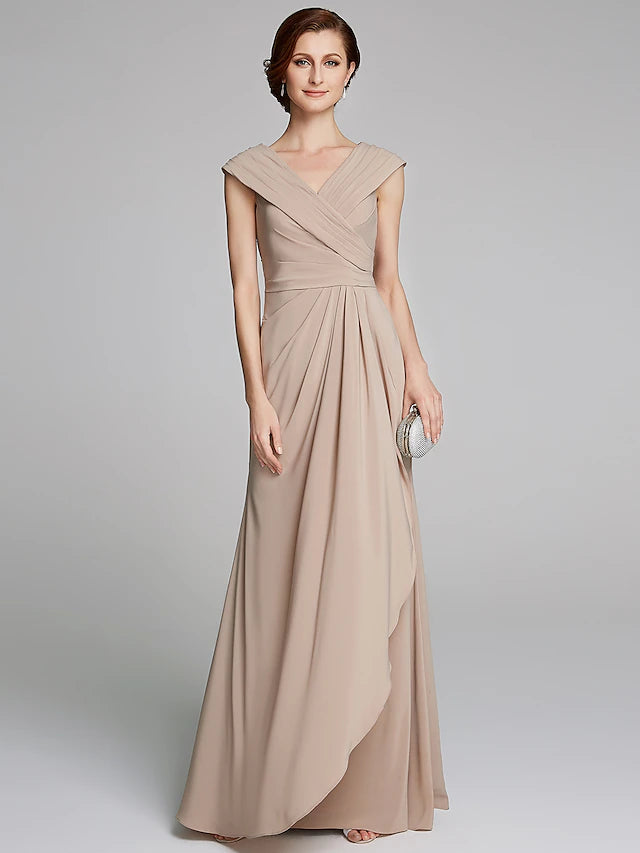 Sheath / Column Mother of the Bride Dress Elegant V Neck Floor Length Jersey Short Sleeve