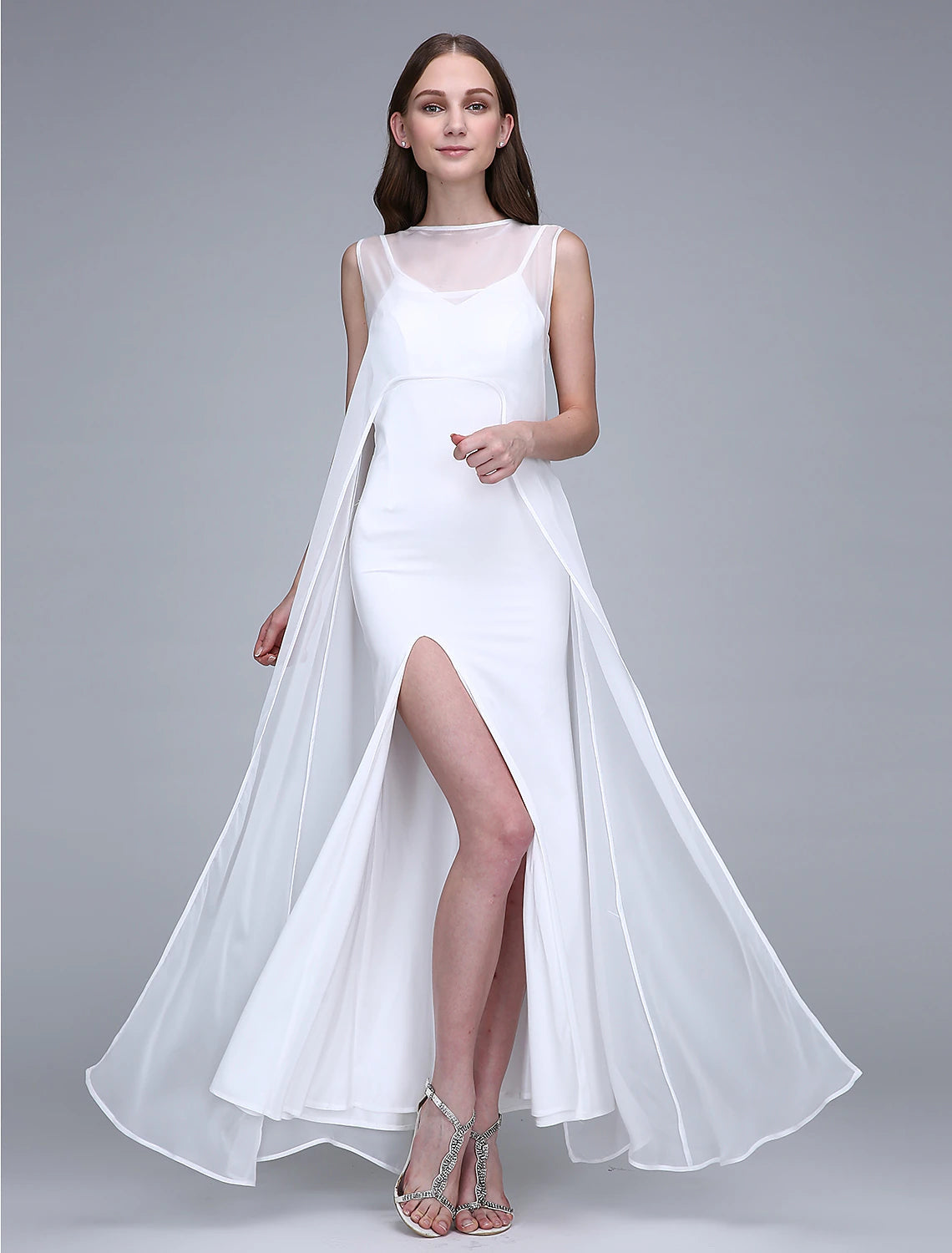 Sheath / Column Bridesmaid Dress Bateau Neck Sleeveless Open Back Ankle Length Chiffon with Split Front