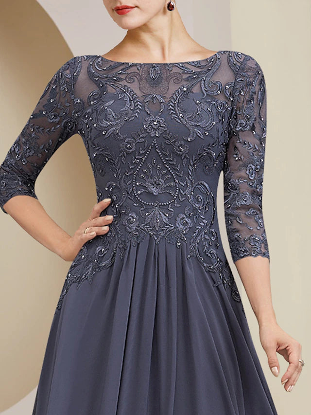 A-Line Mother of the Bride Dress Formal Elegant Scoop Neck Floor Length Tea Length Chiffon Lace Half Sleeve