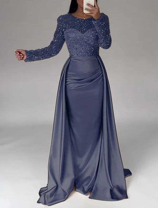 Mermaid Sequin Evening Gown Ruched Satin Dress Long Sleeves Floor Length Sparkle Illusion Neck Fall Wedding Guest Dress with Pearls
