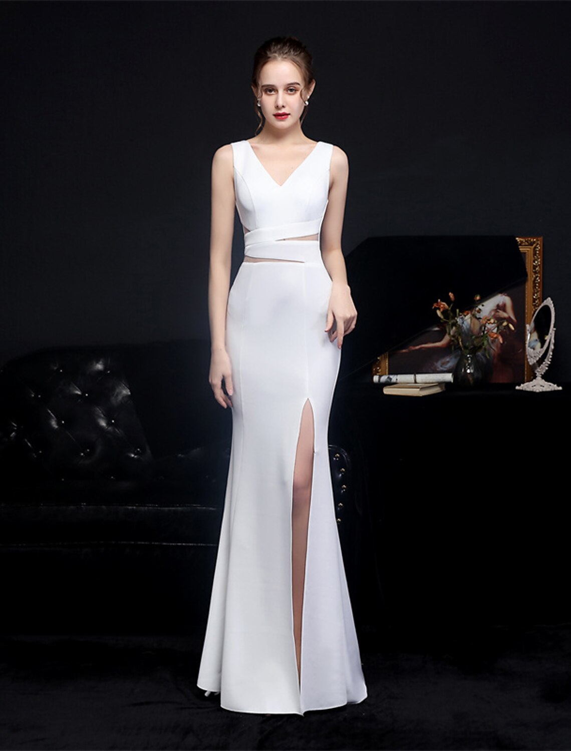 Mermaid / Trumpet Prom Dresses Elegant Dress Formal Wedding Guest Floor Length Sleeveless V Neck Polyester