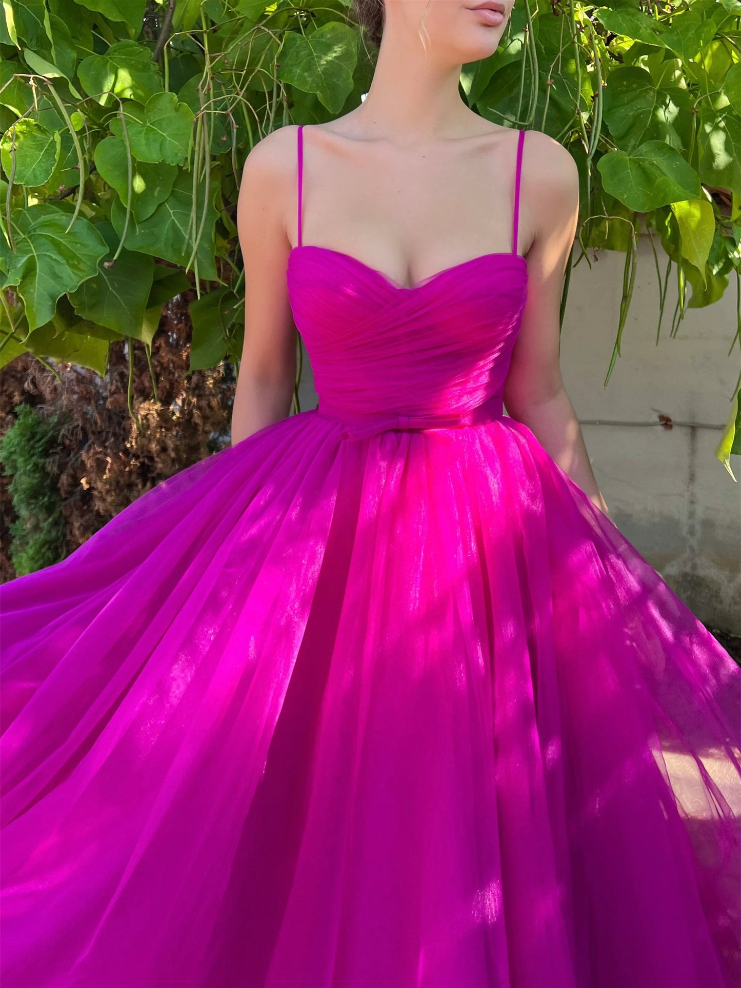 A-Line/Princess Spaghetti Straps Tea-Length Prom Dresses Pure Color