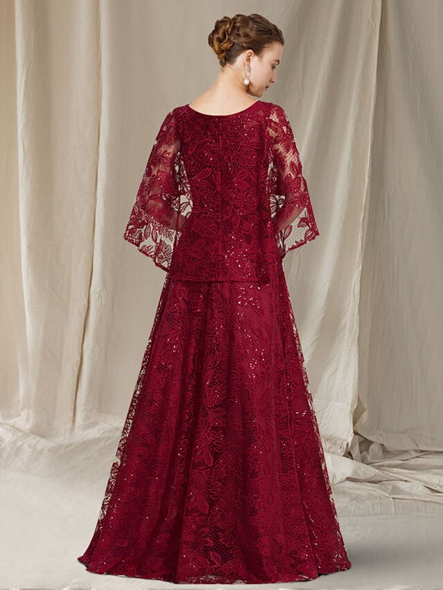 A-Line Mother of the Bride Dress Plus Size Elegant Jewel Neck Floor Length Lace Sleeveless with Sequin