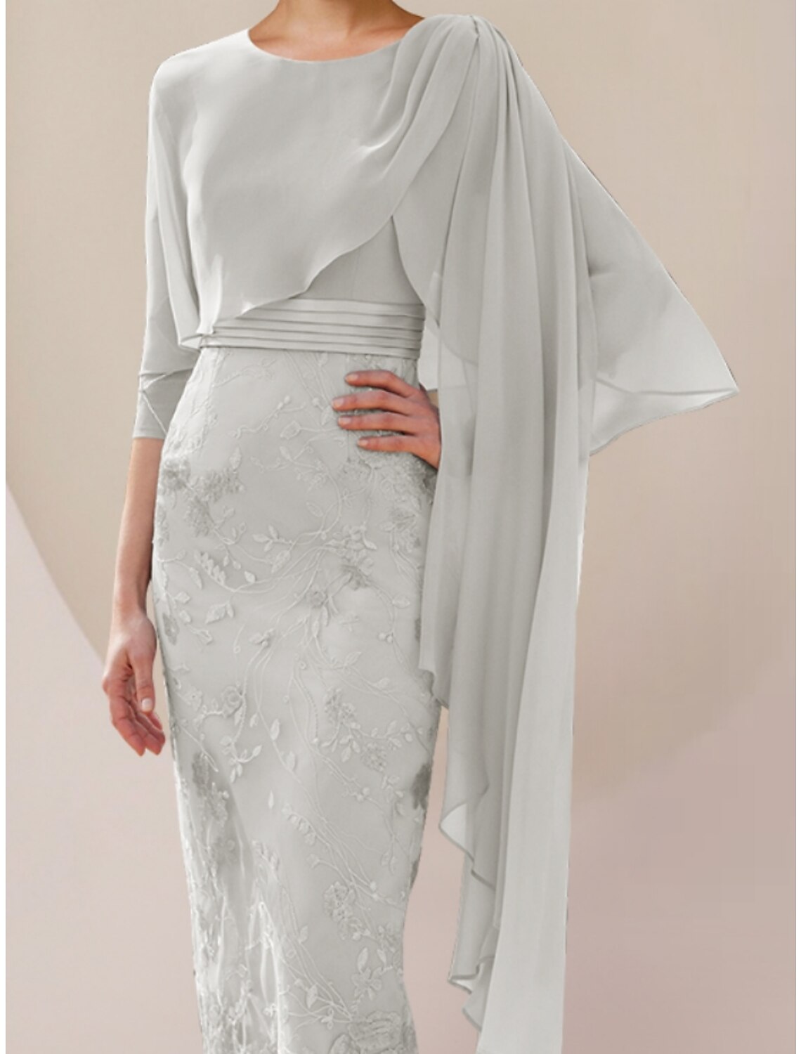 A-Line Mother of the Bride Dress Wedding Guest Elegant Petite Jewel Neck Tea Length Chiffon Lace Half Sleeve with Ruching