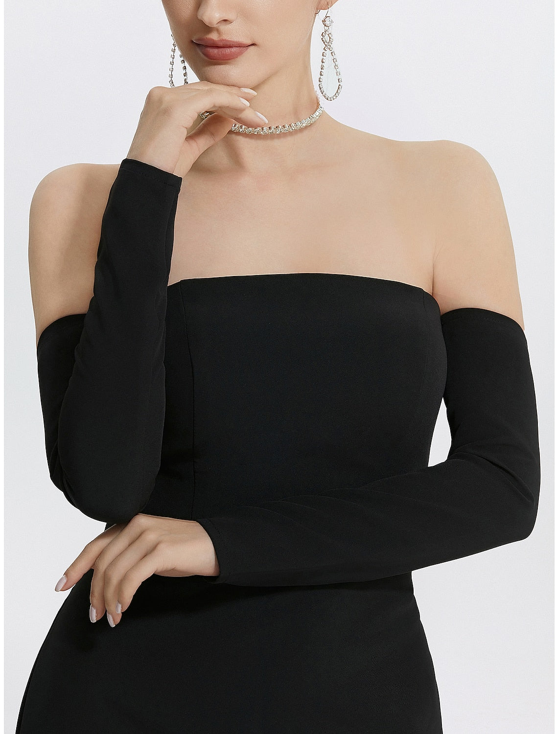 Mermaid Evening Gown Black Dress With Gloves Formal Wedding Guest Floor Length Long Sleeve Strapless Stretch Fabric