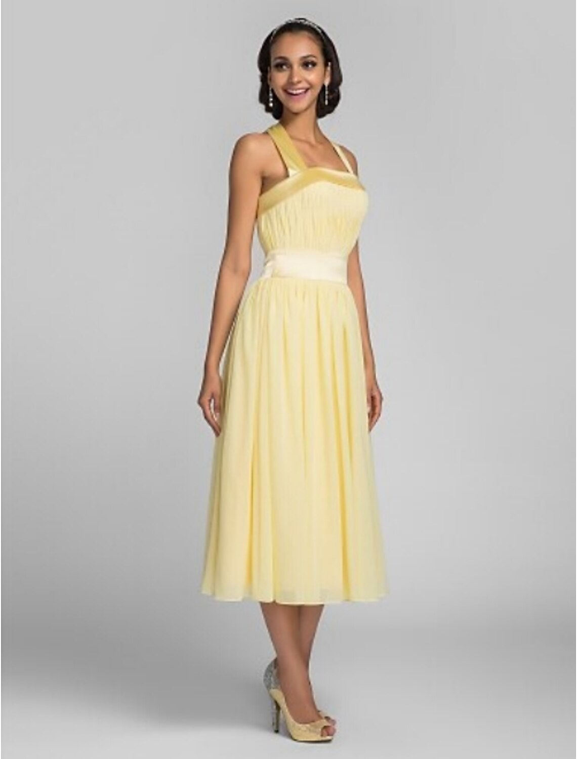 A-Line Halter Tea Length Chiffon Stretch Satin Bridesmaid Dress with Draping