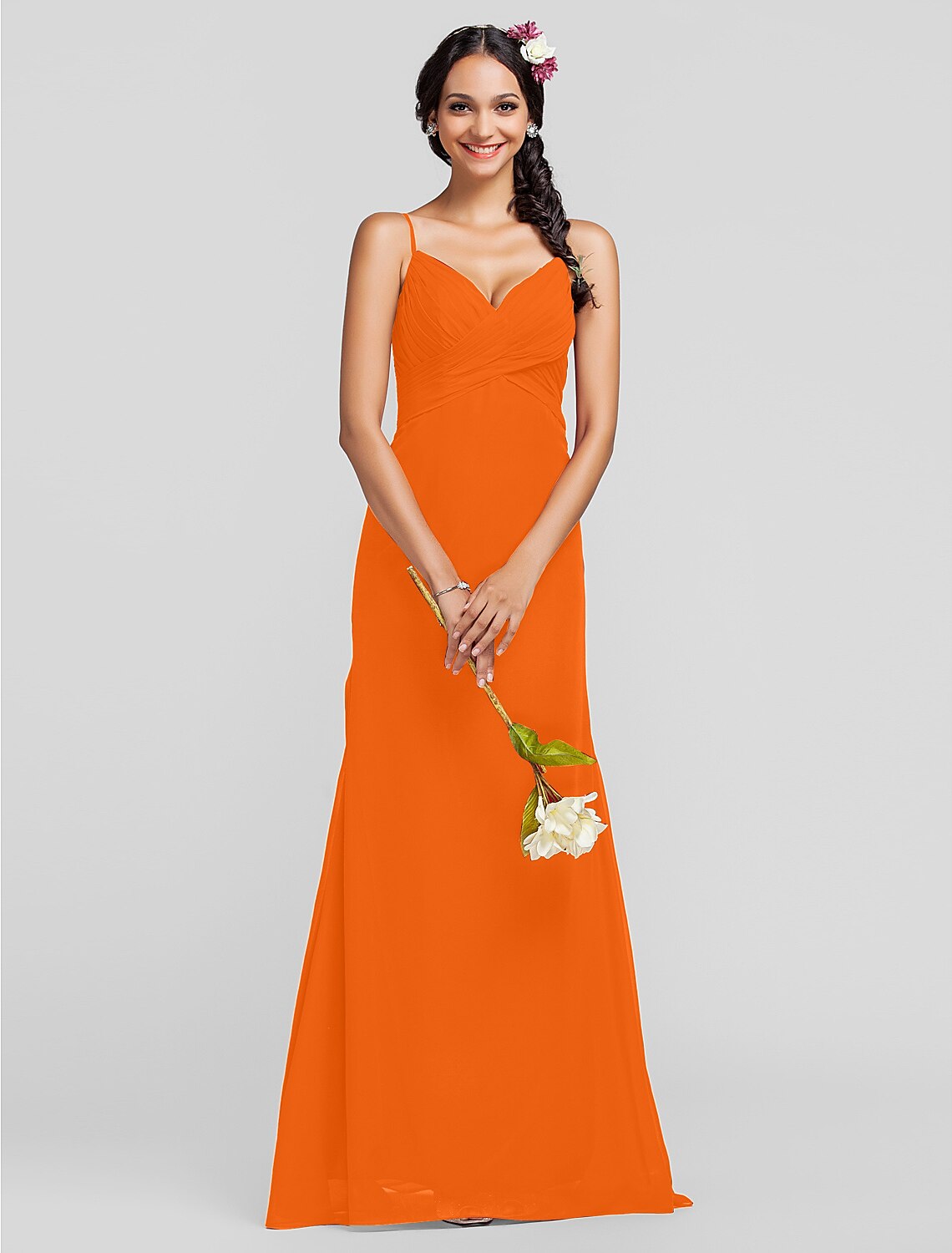 Sheath Spaghetti Strap Floor Length Chiffon Bridesmaid Dress with Criss Cross