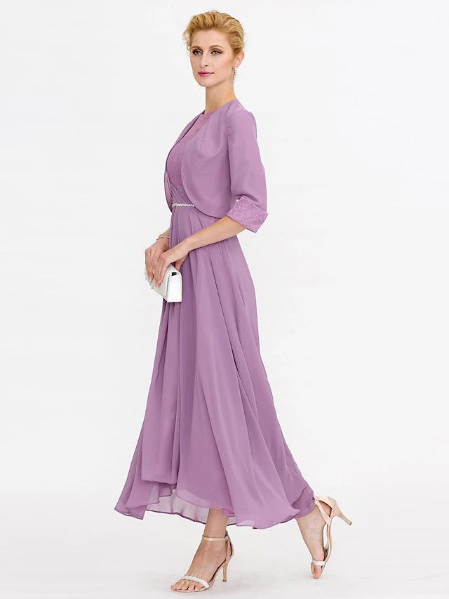 Two Piece Ball Gown A-Line Mother of the Bride Dress Formal Church Convertible Dress High Low See Through Illusion Neck Asymmetrical Chiffon Lace 3/4 Length Sleeve