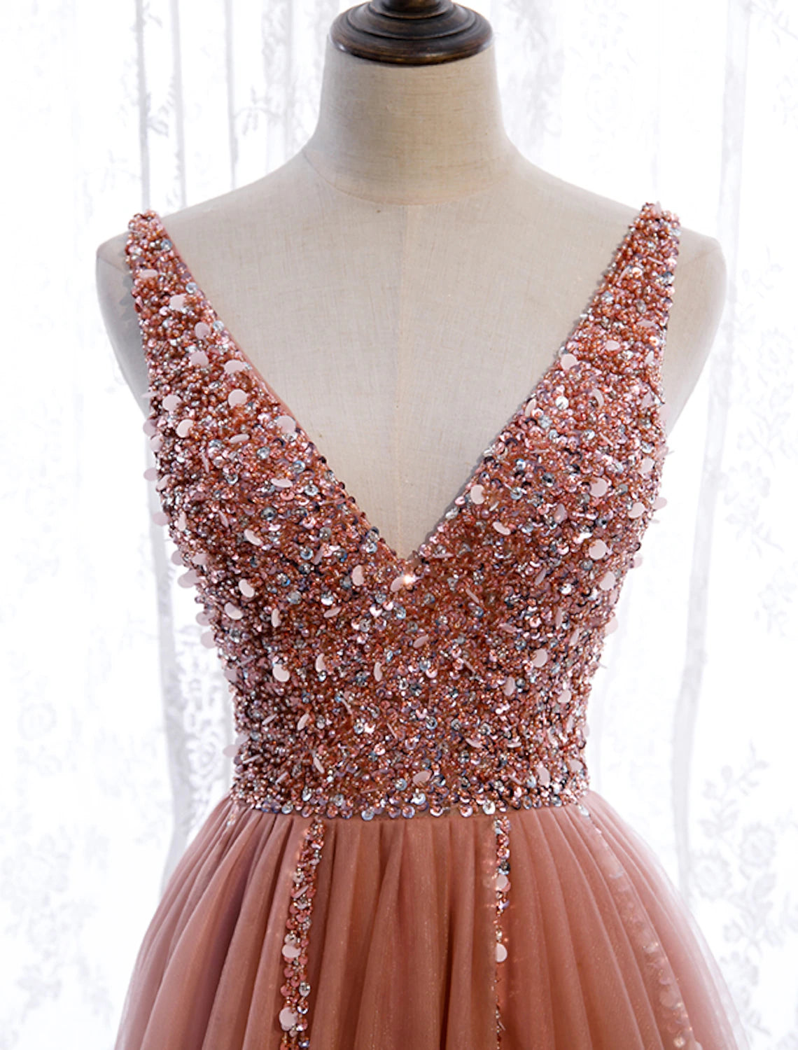 A-Line Prom Dresses Elegant Dress Party Wear Court Train Sleeveless V Neck Polyester with Pearls