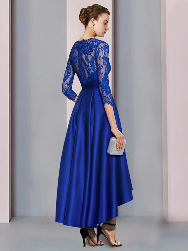 A-Line Mother of the Bride Dress Formal Wedding Guest Elegant High Low Jewel Neck V Neck Asymmetrical Tea Length Satin Lace 3/4 Length Sleeve with Bow(s)