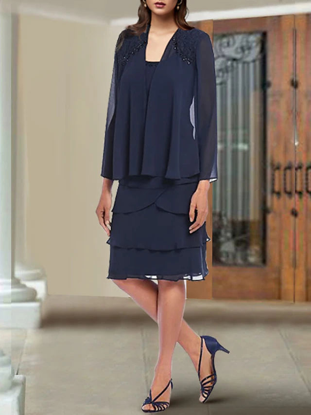 Two Piece Sheath / Column Mother of the Bride Dress Elegant Scoop Neck Knee Length Chiffon Lace Sleeveless Wrap Included with Beading