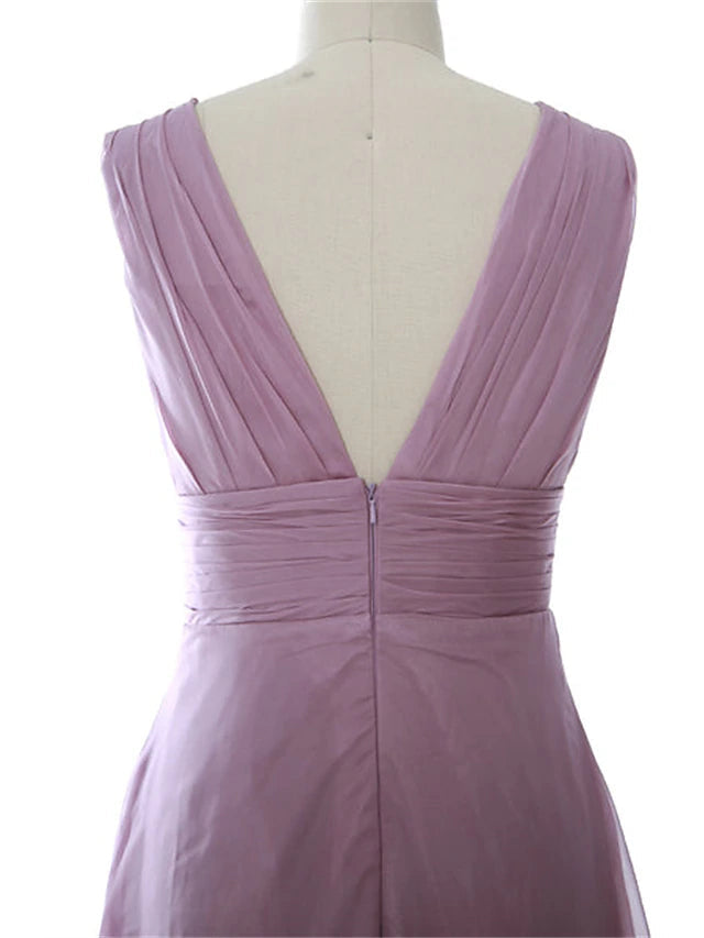 A-Line Wedding Guest Dresses Elegant Dress Party Wear Floor Length Sleeveless V Neck Chiffon