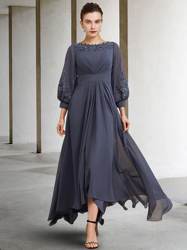 A-Line Mother of the Bride Dress Plus Size Elegant High Low Jewel Neck Asymmetrical Floor Length Chiffon Lace Half Sleeve