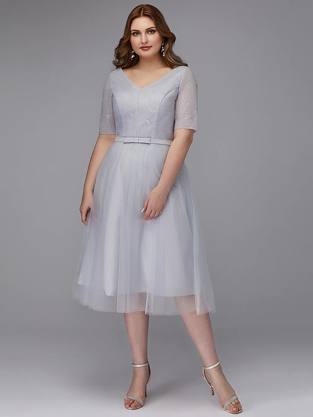 A-Line Elegant Dress Wedding Guest Tea Length Short Sleeve V Neck Lace Lace-up with Sash