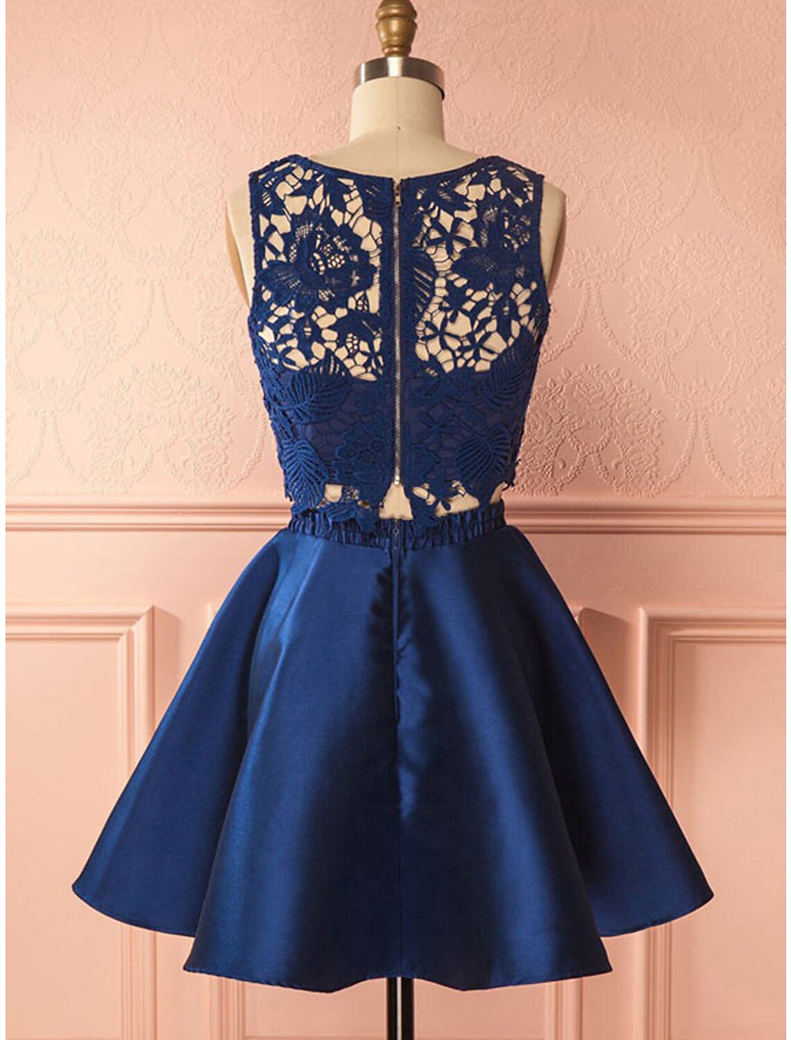 Two Piece Cocktail Dresses Party Dress Graduation Short / Mini Sleeveless Jewel Neck Lace Backless with Pleats