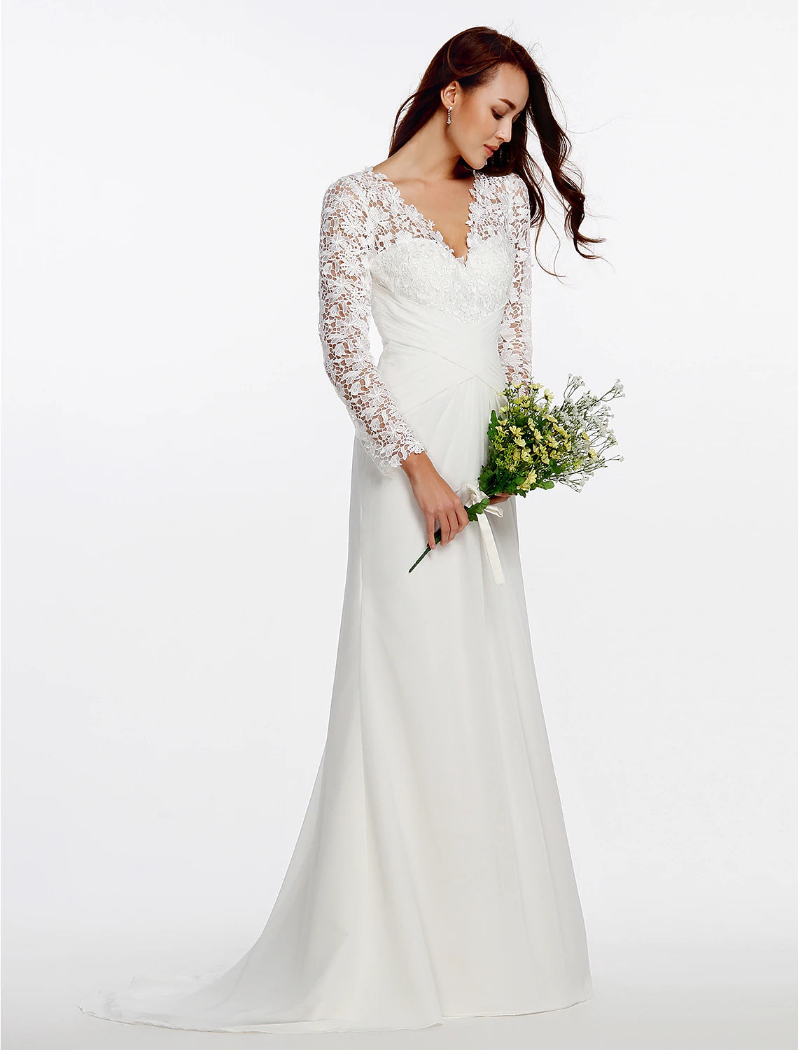 Beach Boho Wedding Dresses Sheath / Column V Neck Long Sleeve Sweep / Brush Train Chiffon Bridal Gowns With Lace