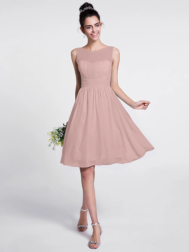 A-Line Bridesmaid Dress Scoop Neck Sleeveless Knee Length Chiffon with Ruched / Draping A-Line Bridesmaid Dress Scoop Neck Sleeveless Knee Length Chiffon with Ruched Pure Color
