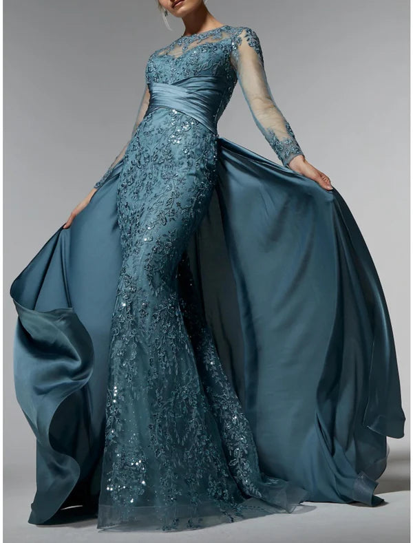 Mermaid / Trumpet Mother of the Bride Dress Wedding Guest Elegant Jewel Neck Sweep / Brush Train Stretch Satin Long Sleeve with Lace