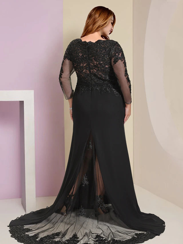 Plus Size Curve Mother of the Bride Dress Wedding Guest Vintage Party V Neck Court Train Chiffon Lace Long Sleeve