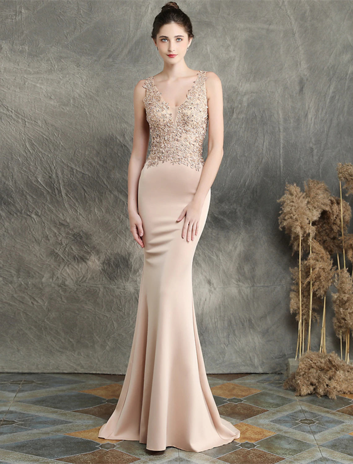 Mermaid / Trumpet Evening Gown Open Back Dress Formal Wedding Guest Sweep / Brush Train Sleeveless V Neck Cotton Blend with Beading