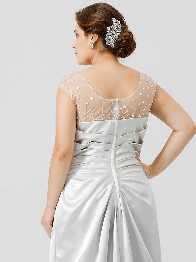 Sheath / Column Mother of the Bride Dress Classic & Timeless Elegant & Luxurious Plus Size Jewel Neck Floor Length Satin Sleeveless No with Pleats