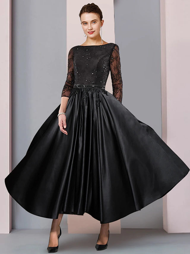 A-Line Mother of the Bride Dress Formal Wedding Guest Party Elegant Scoop Neck Tea Length Satin Lace 3/4 Length Sleeve with Sash Pleats