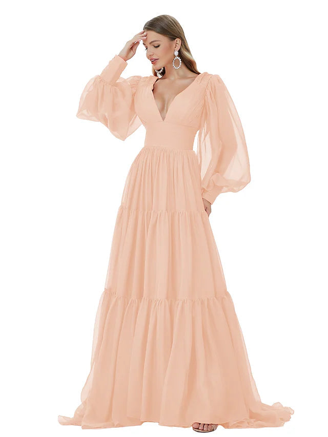 A-Line Evening Gown Sexy Dress Party Wear Sweep / Brush Train Long Sleeve V Neck Chiffon
