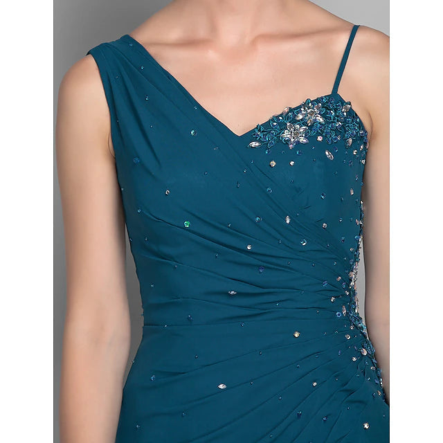 Sheath / Column Mother of the Bride Dress Furcal One Shoulder Floor Length Chiffon Sleeveless