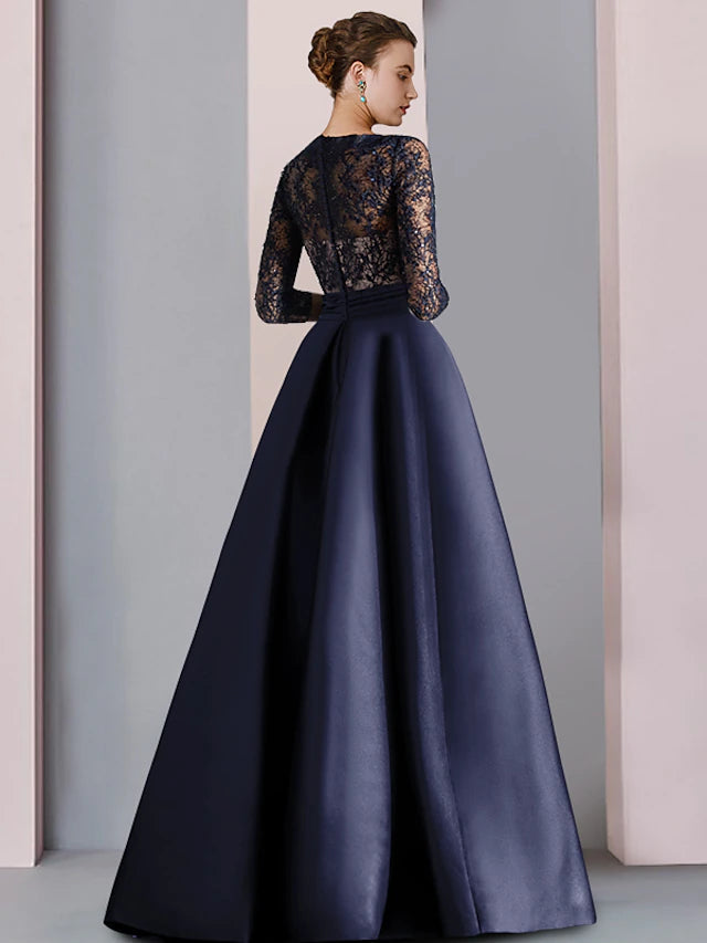 A-Line Mother of the Bride Dress Formal Party Elegant V Neck Floor Length Satin Lace Half Sleeve