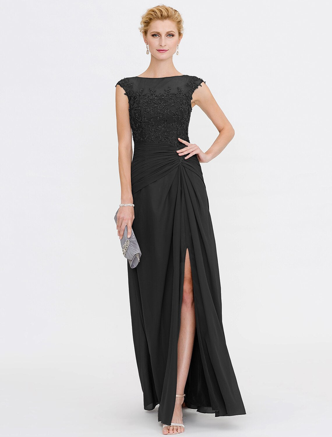 A-Line Mother of the Bride Dress Wedding Guest Elegant See Through Bateau Neck Floor Length Chiffon Lace Sleeveless
