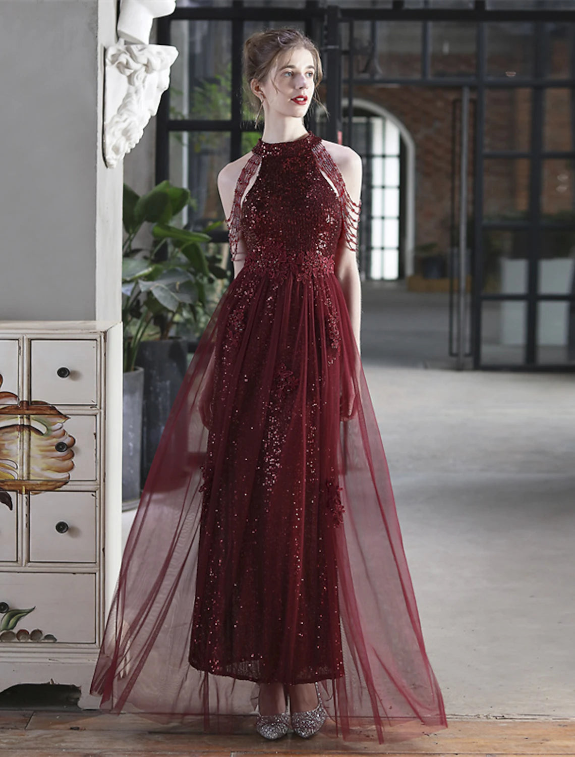 A-Line Prom Dresses Sparkle & Shine Dress Party Wear Floor Length Short Sleeve High Neck Polyester with Sequin
