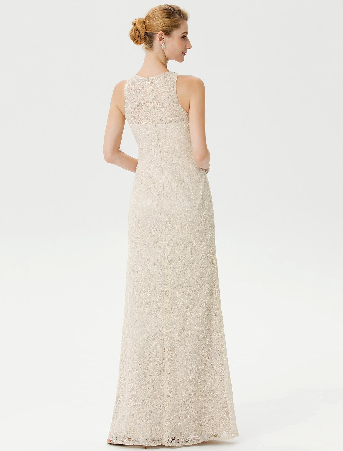 Sheath / Column Mother of the Bride Dress Elegant See Through Illusion Neck Floor Length Lace Sleeveless with Crystals