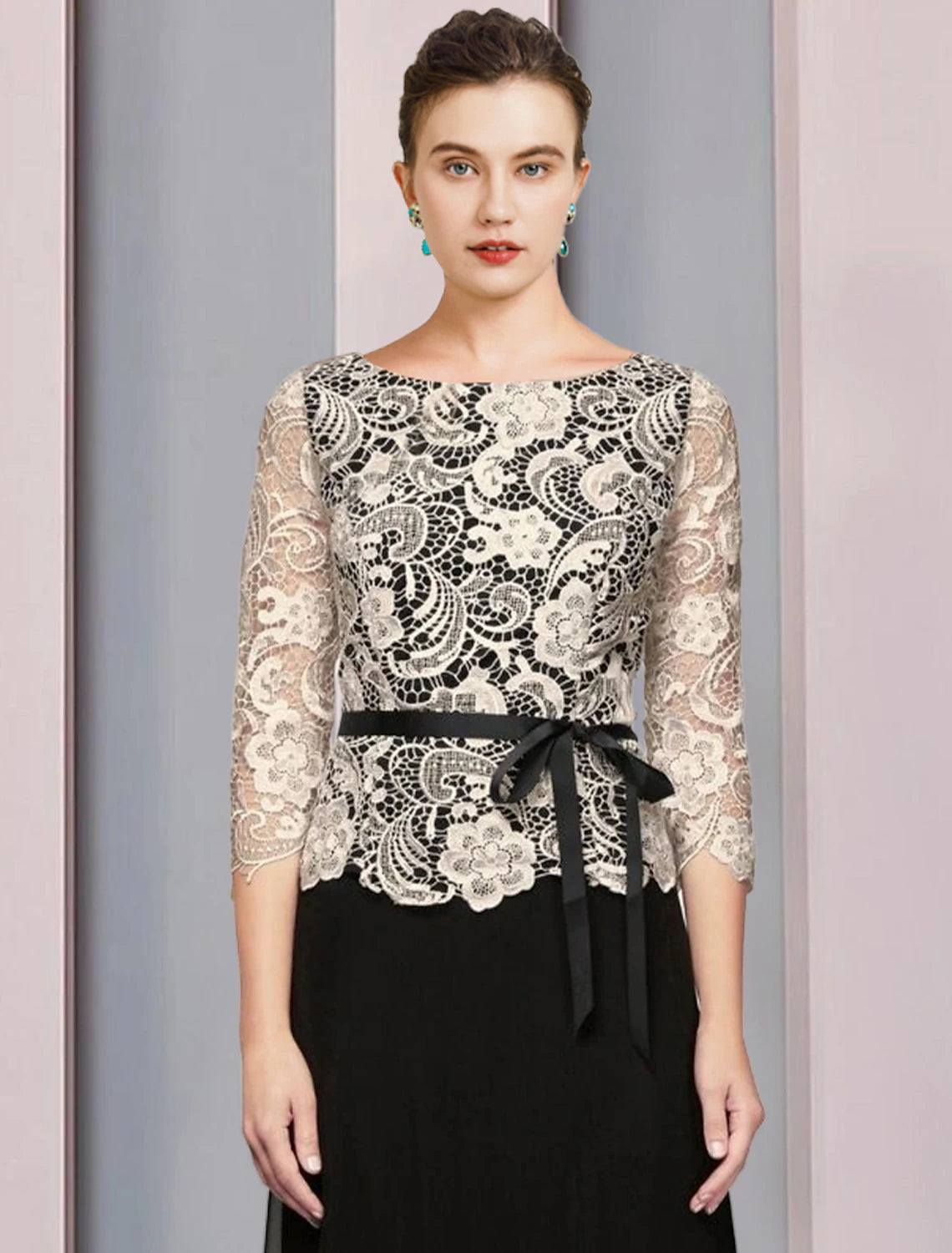 A-Line Mother of the Bride Dress Formal Wedding Guest Elegant Scoop Neck Floor Length Chiffon Lace 3/4 Length Sleeve with Bow(s)