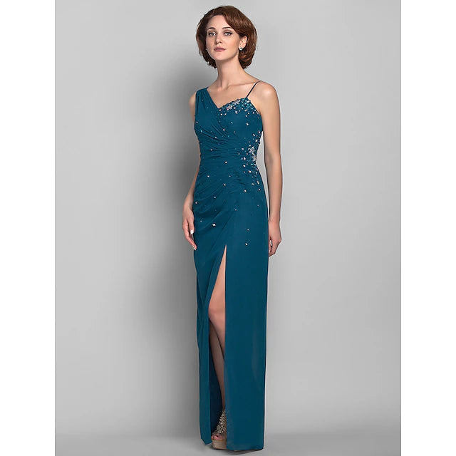 Sheath / Column Mother of the Bride Dress Furcal One Shoulder Floor Length Chiffon Sleeveless