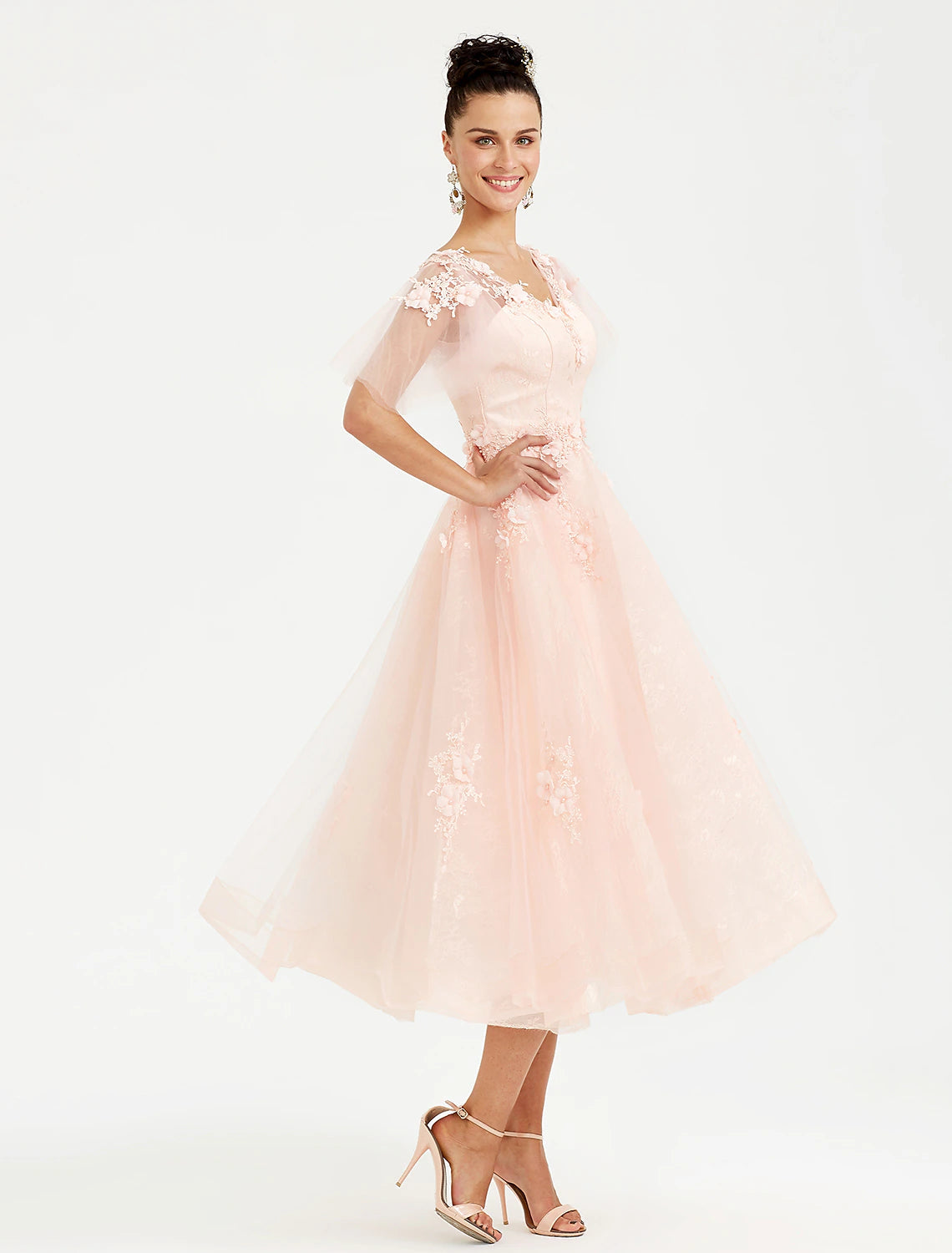 A-Line Prom Dresses Elegant Dress Wedding Guest Cocktail Party Tea Length Short Sleeve V Neck Tulle