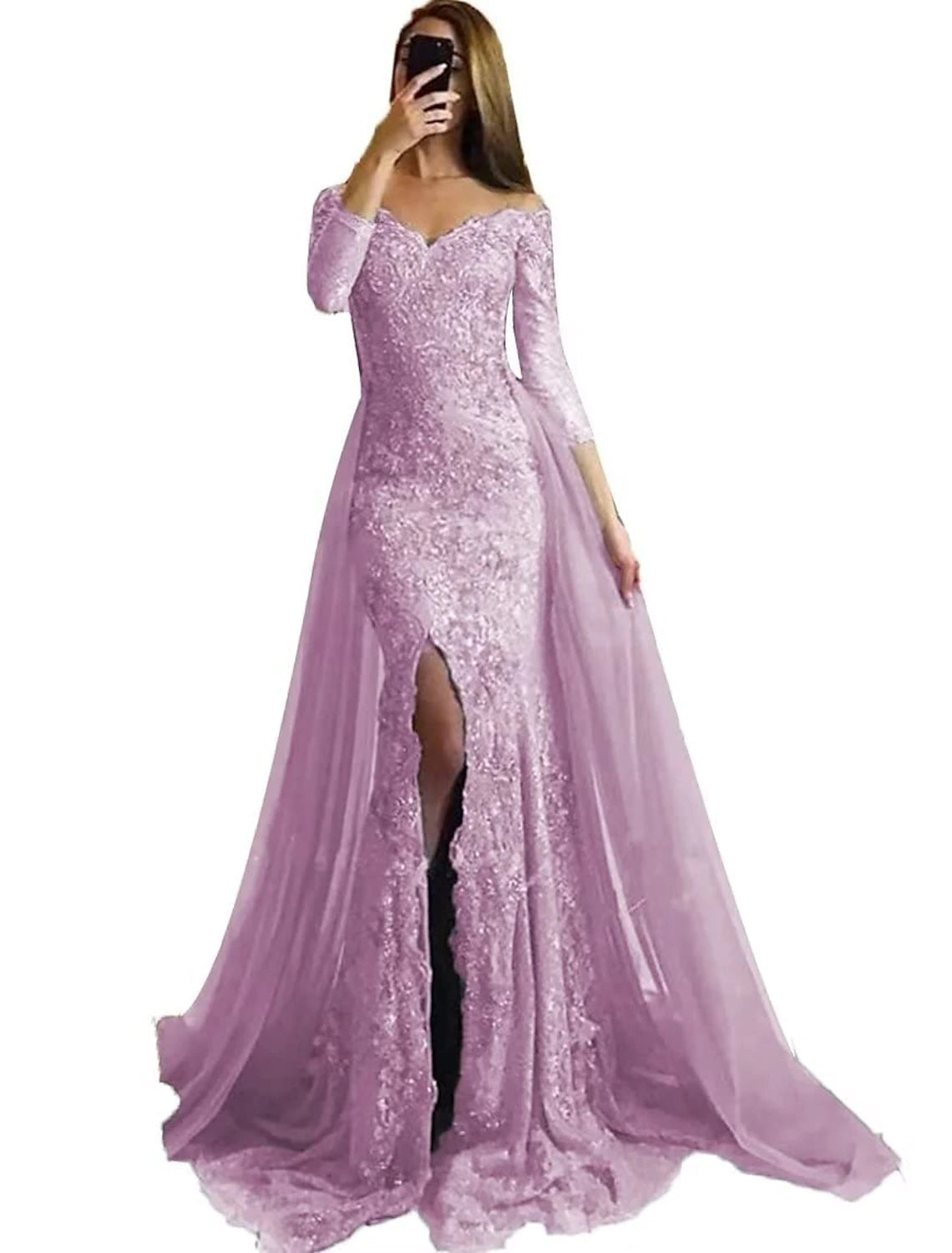 Mermaid Evening Gown Floral Carnival Dress Formal Wedding Sweep / Brush Train Long Sleeve Off Shoulder Fall Wedding Reception Chiffon